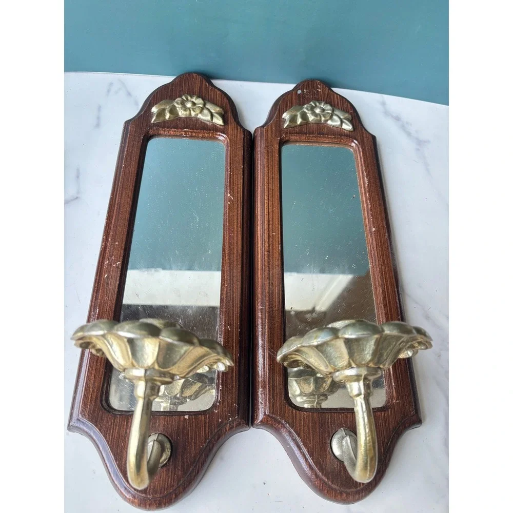 Vintage Metal Faux Wood Brass Mirror Wall Sconce Pair Floral Candle Holder Set